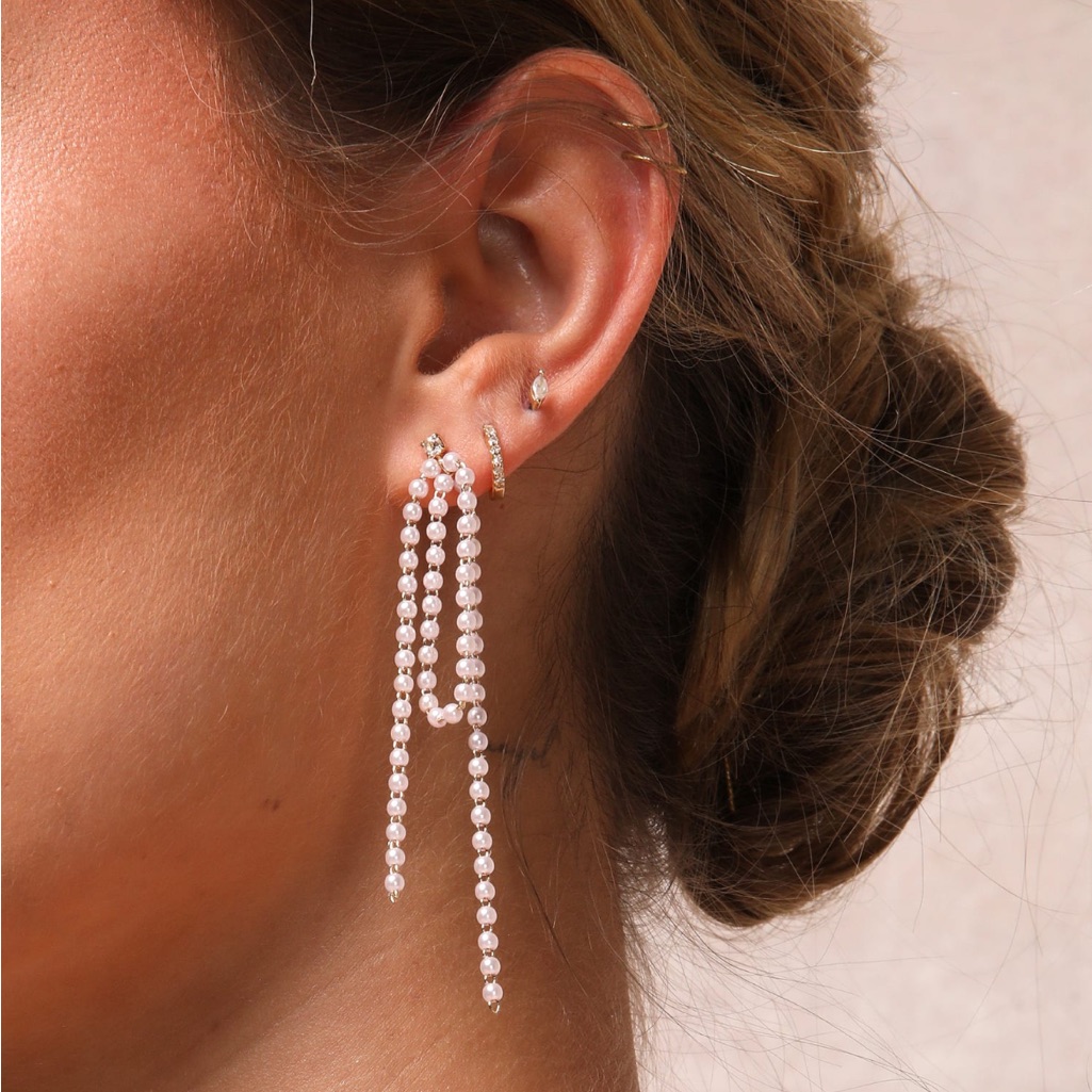 Dainty Charisma Gold And White Rhinestone Pearl Fringe Earrings